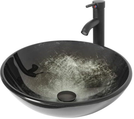 ZealWe Waschbecken Aufsatzwaschbecken Rund aus Glas 42x42x14cm, Modernes Waschschale Handwaschbecken mit Wasserhahn & Ablaufgarnitur, Waschplatz für Badezimmer, Gäste WC & Küche, Tintenblau