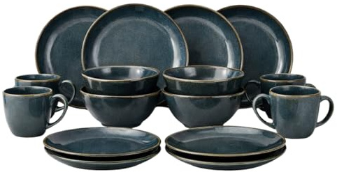 Mica Decorations Racco Geschirrset für 4 Personen – Frühstücksteller, Schüssel, Kaffeebecher und Speiseteller – Teller Set Steingut Geschirr – Spülmaschinenfestes Geschirrset - Dunkelgrau