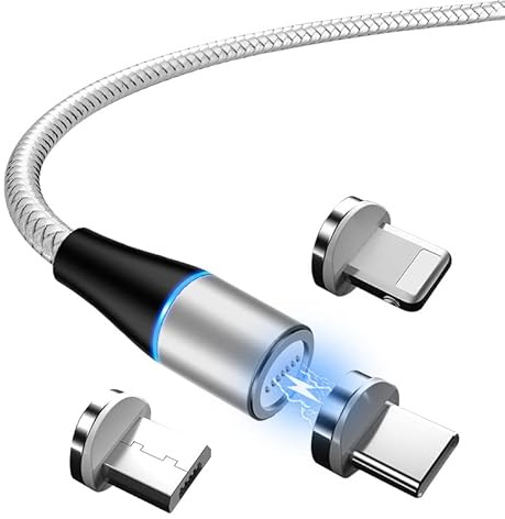 ml MAGNET LIGHT NUEVO 2025 Cable USB 3 en 1 magnético de carga rápida IOS/Android/TypeC (Gris), se entrega con 3 conectores