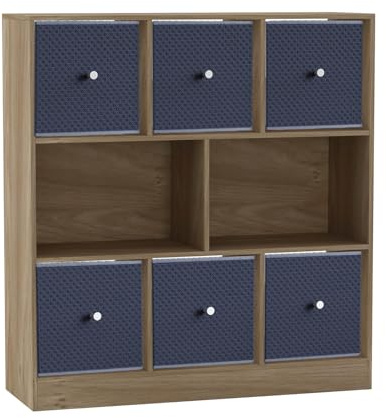 URBNLIVING 8 Cube Asymmetrical Bookcase with 6 Fabric Storage Drawers, Modern Freestanding Shelving Unit for Books, Toys & Decor, Engineered Wood Organizer Cabinet for Home & Office