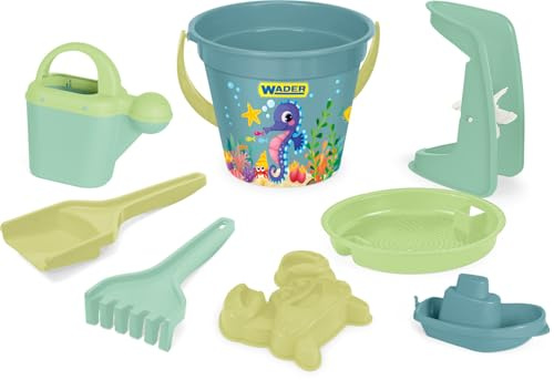 Wader 43250 - Replay Sandspielzeug Set mit 3,4 L Eimer, Schaufel, Rechen, Sieb, Boot, Gießer und Sandform, 8-teilig, für Kinder ab 12 Monaten, als Geschenk für kreatives Spielen