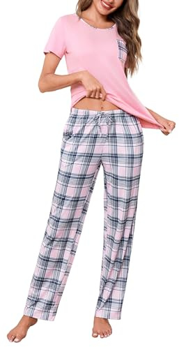 Demegimi Women’s Pajamas Set Cotton Checked Short Sleeve Loungewear Ladies Pajamas Crew Neck Top and Pants PJs Set Soft Sleepwear Pink