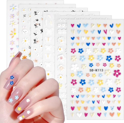 Vicloon 3D Nagelsticker Frühling Blume,6 Blatt Nail Art Sticker Selbstklebend Nagelaufkleber,Nagel Aufkleber Stickers, Selbstklebend Bunte Blüte Nails Arts Stickers für DIY Dekorationen, Nail Art