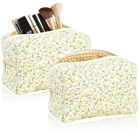 lioewhu 2 Stück Gesteppte Kosmetiktaschen mit Blumenmuster, Weiche Waschbare Toilettentasche aus Baumwolle, Tragbare Reise-Make-up-Tasche mit Reißverschluss für Reise, Gym, Aufbewahrung (Gelb)