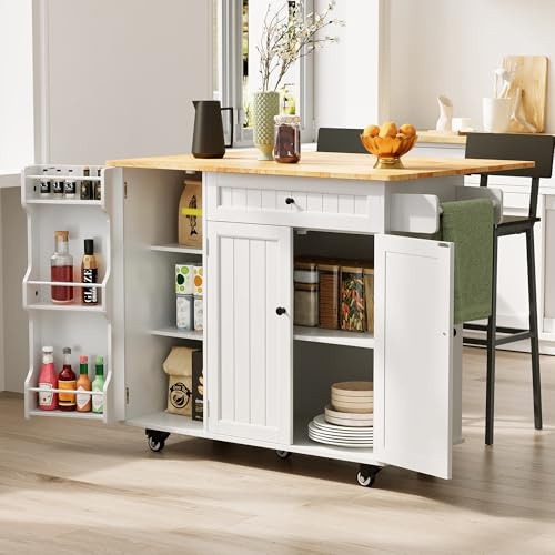 Xbro Kücheninsel auf Rollen, Küchenwagen auf 5 Rädern mit Ablage und 1 Schublade, für Küche und Esszimmer, 130 × 75 × 88 cm, Weiß