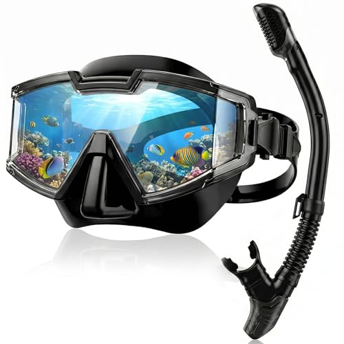 Schnorchelset für Erwachsene, Schnorchelmaske mit Trockenschnorchel, 180° Panorama-Anti-Beschlag und Anti-Leck, Tauchmaske für Schwimmen, Freitauchen, Strand-Essentials und Urlaub für Männer Frauen