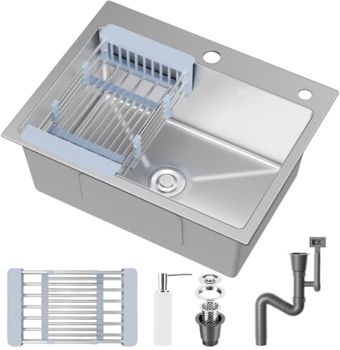 Fregadero individual de 55 x 45 cm, fregadero de cocina de acero inoxidable, fregadero de acero inoxidable con filtro de drenaje, fregadero de encimera con orificios para grifos, cesta de drenaje