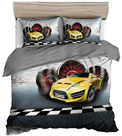 Odot 3D Bettwäsche-Set 3 Teilig, Bettwäsche Set 100% Mikrofaser mit Reißverschluss Sparset Bettbezug mit Reißverschluss und Kopfkissenbezüge (200x200cm,Rennauto)