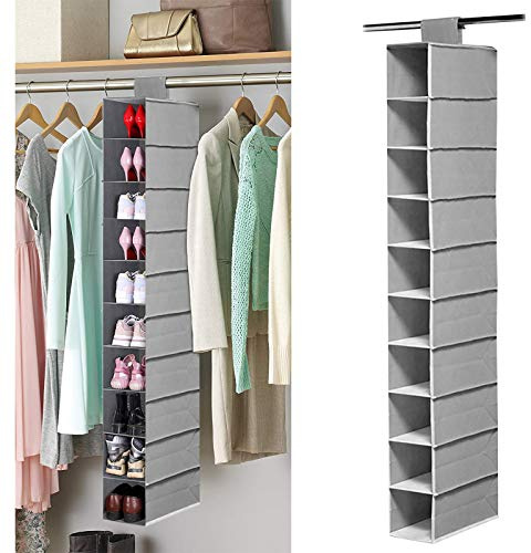 Hängeregal, Hängeaufbewahrung mit 10 Fächern, Hängender Kleiderschrank Organizer Stoffschrank Schrank Kleiderschrank Organizer für Kleidung, Schuhe Platzsparend und Faltbar (Gray)
