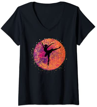 Damen Retro Balletttütü für Mädchen, Ballerina, Tanzspitze T-Shirt mit V-Ausschnitt