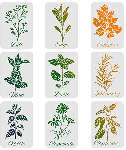 FINGERINSPIRE 9 STÜCK Blattschablonen Vorlage 29,7x21cm Kunststoff Pflanzenzeichnung Malschablonen Dill,Salbei,Cilantio,Minze Musterschablonen Blätterschablonen zum Malen auf Holz, Wand und Fliesen