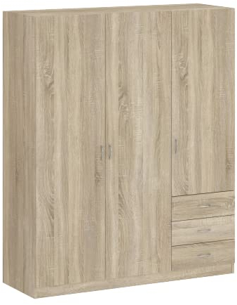 Oggi Enna Kleiderschrank, 3 türiger Kleiderschrank mit Schubladen Garderobenschrank, Praktischer und Solider Dreitüriger Kleiderschrank für unterschiedliche Räume, Sonoma Eiche 175x146 (HxB)