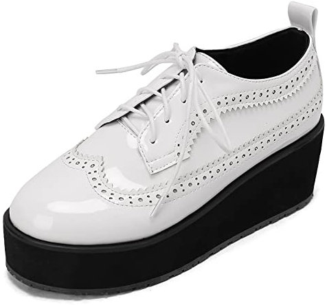 Lizoleor Donna Cordoncino Moda Vernice Richelieu Plateau Zeppa Scarpe Closed Toe Casuale Scarpe Stringate Basse Classico Ufficio Scarpe Bianco Numero 40.5 EU/42Cn