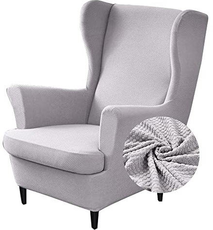 Highdi 2 Teilig Jacquard-Strickstoff Ohrensessel Überzug, Sessel-Überwürfe Ohrensessel Schonbezüge Bezug Sesselhusse Elastisch Stuhlbezug mit Armlehne Hohe Rückenlehne Universal (Grau)
