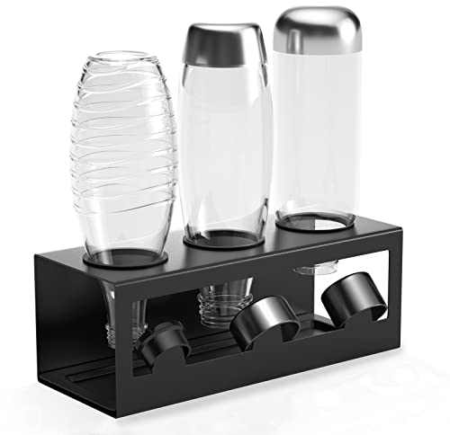 HOMMAND Flaschenhalter für SodaStream Crystal und Emil Flaschen, Edelstahl Flaschenhalter Abtropfgestell Abtropfständer für 3 Flaschen, mit Silikonschutzringe Abtropfschale und Deckelhalter Schwarz