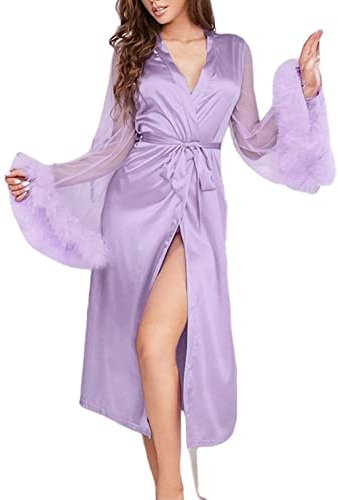 Ladies Dressing Gown,Satin Bathrobe Lilac Sexy Kimono Robe Feather Mesh Long Sleeve Dressing Gown Lightweight Long Nightgown V Neck Bride Dressing Gown Bademantel Damen,L