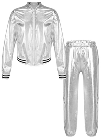 TiaoBug Unisex Kinder 80er Jahre Trainingsanzug Retro Kostüm Metallic Jogger Jogginganzug Jacke und Hose Disco Jazz Tanz Outfits Set