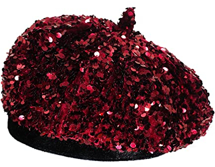 Bling Barett Hüte für Frauen Pailletten Paris Künstler Mütze Modische Damen Glitzer Glänzend French Style Beanie Barett, tiefes rot, Einheitsgröße