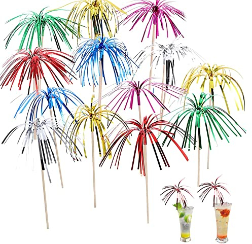 200PCS Palm Tree Picks, Fireworks Cocktail Sticks Sparkle Cocktail Accessories for Drinks, Wooden Cocktail Toppers Cocktail Decorations for Beach Party Decoration (Mixed Colors)