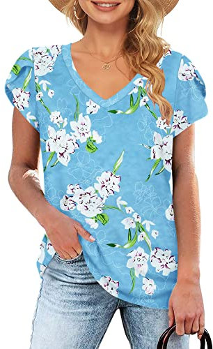 WNEEDU T-Shirt Damen Sommer V Ausschnitt Kurzarm T Shirts Tops Basic Oberteile Blumen Hellblau M