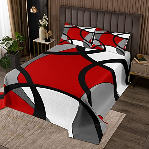 Loussiesd Rot Grau und Schwarz Tagesdecke 220x240cm Modern Geometrisch Steppdecke Retro Kreis Geometrie Bettüberwurf Retro Stripe Swirl Wohndecke Modern Zusammenfassung Art Zimmer Dekor Bett Gesteppt
