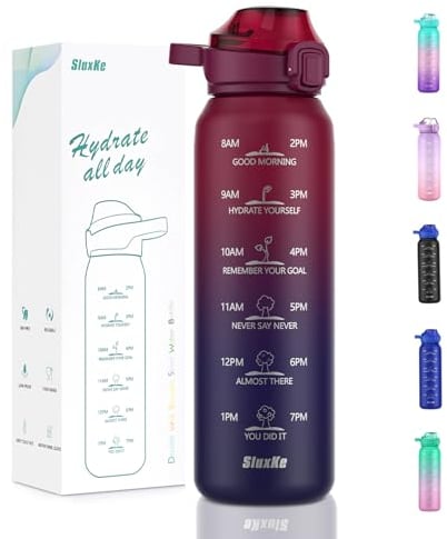 SLUXKE Trinkflasche Edelstahl 1L mit Zeitmarkierung, 1Liter Thermosflasche mit Auslaufsichere Deckel, 1000ml Lsolierflasche Doppelwandig für Heiße, Kohlensäure und kalte Getränke ROT SCHWARZ