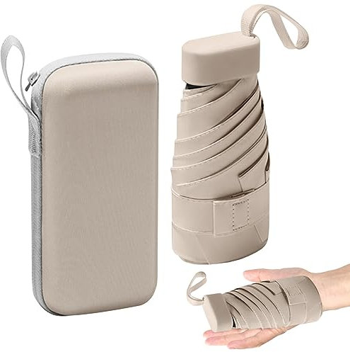 axbeeax Mini-Regenschirm, 6 Rippen, kompakter Reise-Regenschirm, winddichter Regenschirm, leicht, kompakter Regenschirm für Damen, beige
