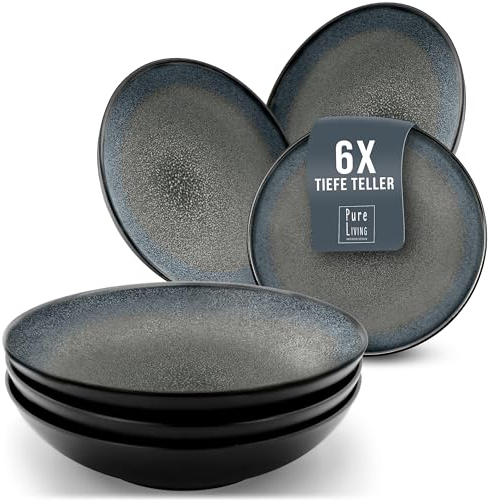 Juego de 6 Platos Hondos de Gres Serie Ibiza - Elegantes Platos para Pasta y Sopa - Vajilla Completa Moderna para 6 Personas - Platos Llanos Estilosos - Pure Living en gris oscuro