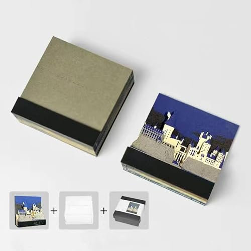 MEICHI 3D Notizblock, nicht verklebt, H-Schloss (Nacht) mit glasklarem Anzeigebox, 8 x 8 x 4 cm, 125 Blätter, 3D Stereoskopic Model Note Pads