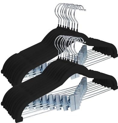 ManGotree Cintres pour Pantalons avec Pinces Mobiles, cintres en Velours antidérapants, cintres Peu encombrants pour Chemises, Pantalons, Robes, Jupes, Manteaux (18 Paquets, Noir)