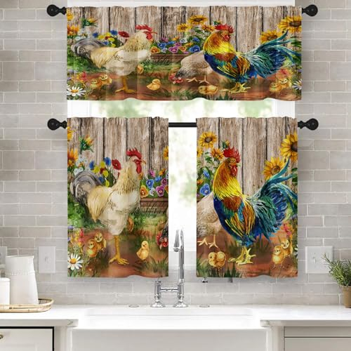 Tayney Küchengardinen mit Hahn, Bauernhaus-Fenstervorhänge, Volant und Etagen-Set, 91,4 cm, Sonnenblumen, buntes Blumenmuster, Stangentasche, kurze Etagenvorhang, Vintage-Holz, rustikal, kleine