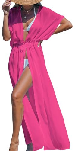 CUPSHE Cache-maillot de bain kimono pour femme ouvert sur le devant rayé maxi cardigan de plage, rose vif, Large