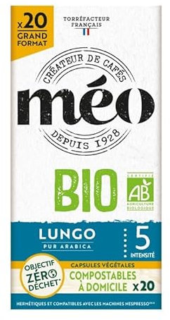 Capsules de café bio décaféiné compostables MEO - Saveur riche et équilibrée - 20 capsules, 106g. Préservez l'environnement avec style. - Le Lot De 3