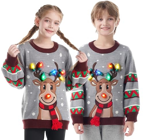 JOYIN Kid's LED Light Up Christmas Reindeer Ugly Xmas Sweater with Built-in Light Bulbs, Kids Ugly Sweater (Grey S)