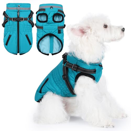 Hundemantel mit Geschirr, wasserdichte Winterjacke für kleine, mittelgroße und große Hunde, warmer Mantel für kaltes Wetter mit integriertem Geschirr (Grün, M)