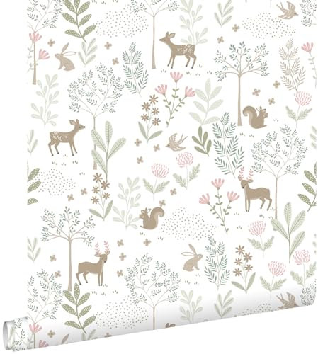 papier peint forêt avec des animaux de la forêt vert et rose 53 cm x 10.05 m - ESTAhome
