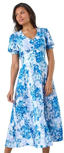 Roman Originals Women Button Through Dress - Ladies Summer Beach Ditsy Spot Midi Maxi Spring Everyday Evening Work Holiday Vacation Short Sleeve Smart Casual Blue Ivory