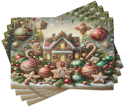 ABAKUHAUS Platzmatten, Lebkuchenhaus Weihnachten, Waschbare Stoff Esszimmer Küche Tischdekorations Digitaldruck, Grün Braun Dunkelrosa