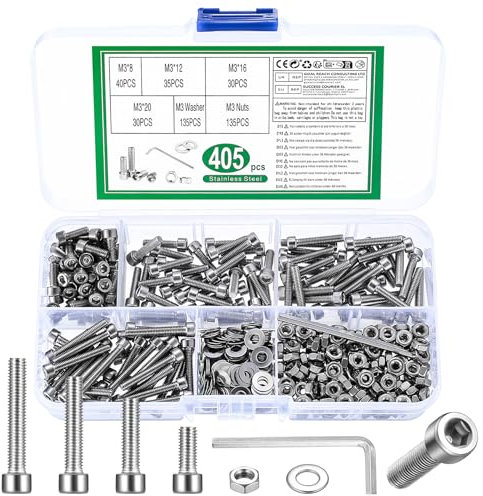 405 Pz M3 Viti Bulloni e Dadi Set, Viti Bulloni a Brugola e Dadi e Rondella, Kit di Bullone Viti a Testa Cilindrica Esagono Incassato, Viti a Brugola in Acciaio Inox, Bulloni Viti a Testa Esagonale