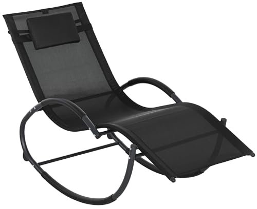 Outsunny Mecedora de Exterior Tumbona Mecedora con Reposacabezas Reposabrazos y Marco Metálico Carga 120 kg para Interior y Exterior 155x61x88 cm Negro