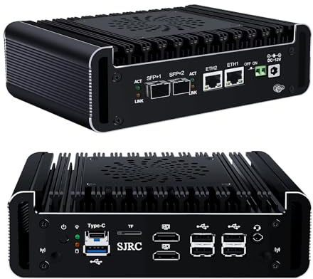 SJRC Micro Firewall Applicance Dual 10Gbe Mini PC 12th Gen Octa Core i3 N305, 2xSFP+ 10Gbps, 2X i226V 2.5GbE LAN, Barebone NO RAM M.2 NVMe NO SSD, Support OPNsense, TF Slot, 2xHD, Type-C