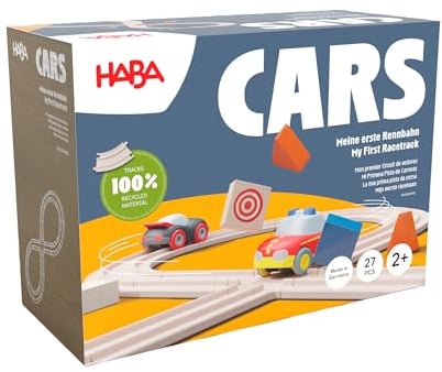 HABA Cars Meine erste Rennbahn – 27-teiliges Set inkl. 2 Autos – Nachhaltig aus recyceltem Holz und Kunststoff – Für Kinder ab 2 Jahren – 2011834001