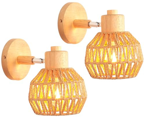 iDEGU Lot de 2 Applique Murale Rétro, 15CM Vintage Lampe Murale Interieur en Rotin Bois Réglable Luminaire Abat-jour en Forme Boule E27 Éclairage Mural pour Chambre Salon Couloir Cuisine (Marron)