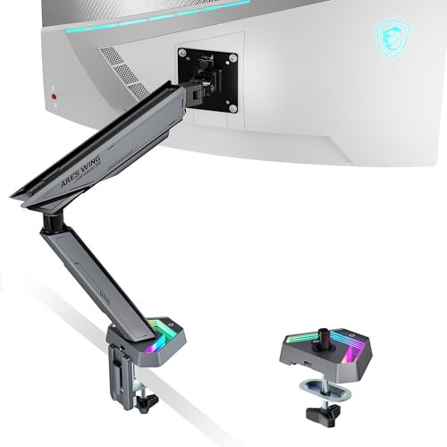 ARES WING RGB Single Monitor Arm Desk Mount for 17-45 inches Flat and Curved Monitors, Holds 35.2 lbs Heavy Duty, Adjustable Ultrawide Monitor Arm with Clamp & Grommet Base, 75/100 VESA Mount, Gray