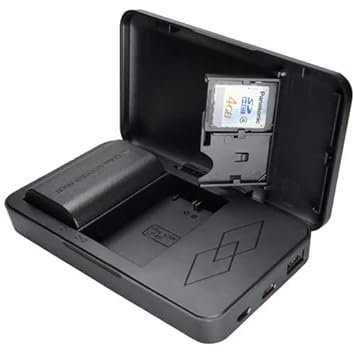 REFLEX CAMERA Dual Canon - Caricabatteria per fotocamera Canon LP-E6 con scatola di archiviazione per scheda SD e funzione Power Bank, compatibile con Canon EOS 5D/6D/7D/60D/70D/80D/90D e EOS R Series