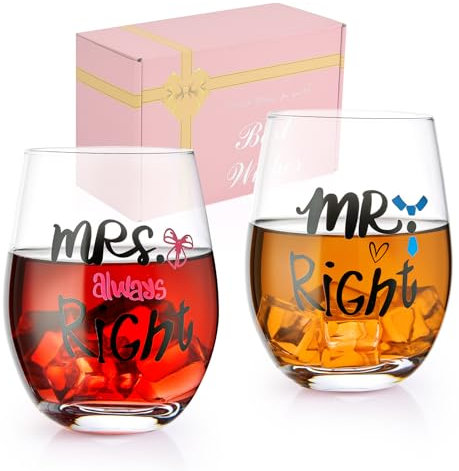 Mr und Mrs Tassen Partnertassen Weingläser Set für Paare Jahrestag Verlobung Hochzeitstag Geschenk für Ihn Sie, Hochzeitsbecher Hochzeitsgeschenke für Brautpaar 2 Stück