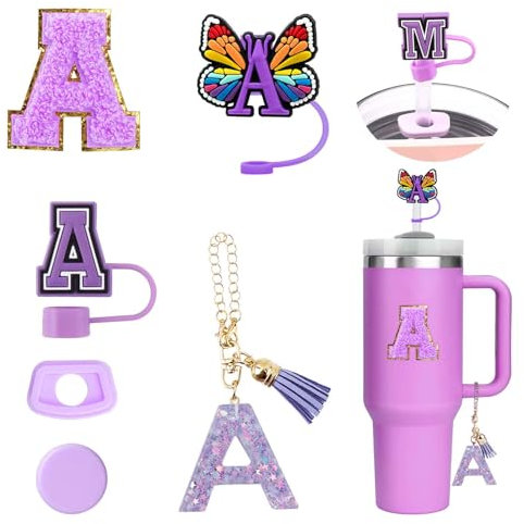 6PCS Personalisierte Tumbler Zubehör für Stanley Cup, Stroh Cover für Stanley Cup, Initialen Dekorationen, Brief Aufkleber, Brief Charm, Strohhalm Abdeckung und Leck Stopper für Tumbler. (A)