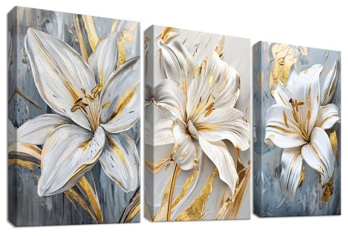 HALFLEMART Set of 3 Gigli Bianchi Grigi Fiori Stampa su tela Con Cornice Stami Dorati Beige Floreale Pittura Quadri su tela Quadri Moderni Camera da Letto Soggiorno Decorazioni Murale 30x40cm x3pcs