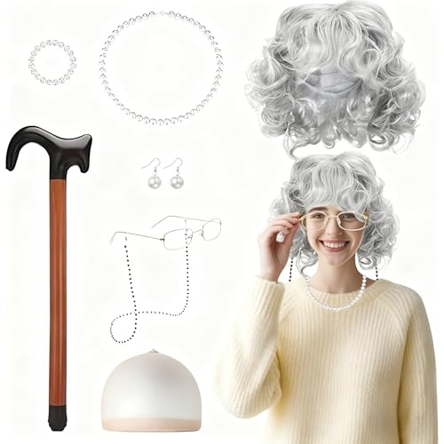 DAOOZHU Oma Kostüm Zubehör Set | mit Perücke,Brille und Kette für Karneval,Mottoparty und Halloween