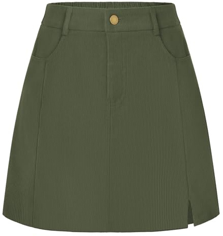 Belle Poque Gonna da donna in corduroy, a campana, a trapezio, mini, con tasche, gonne corte basiche per autunno inverno, Verde militare, XXL